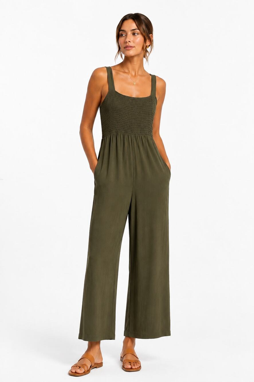 Olive Green West Kei Ruched Tank Wide leg jumpsuit Tall Modern Vacation Resort